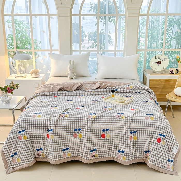 91家纺网 家纺一手货源 找家纺 好欣怡家纺 2026新款水洗棉夏被空调被被子被芯印花小清新夏凉被直播热款 水洗棉包边款-卡其樱桃