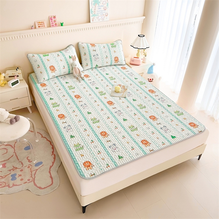 91家纺网 家纺一手货源 找家纺 雯豆2025夏季新品0.4乳胶凉席平铺款三件套凉感丝小清新印花席梦思床罩 乳胶凉席-动物聚会