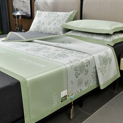 91家纺网 家纺一手货源 找家纺 2025新款加厚款-碳光凉感印花冰丝席系列 清新叶语-绿