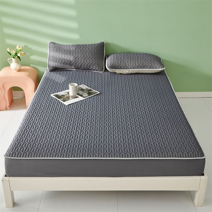 91家纺网 家纺一手货源 找家纺 雯豆2025夏季新品0.4乳胶凉席床笠款三件套凉感丝纯色席梦思床罩 纯色乳胶床笠-轻奢灰