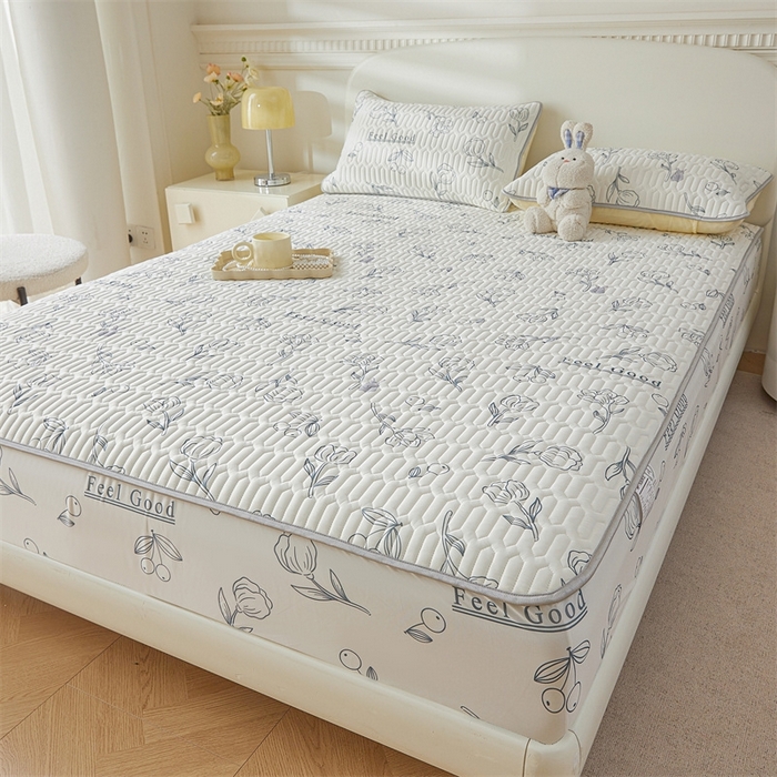 91家纺网 家纺一手货源 找家纺 雯豆2025夏季新品0.4乳胶凉席床笠款三件套凉感丝印花纯色床罩 乳胶床笠-摇曳花开