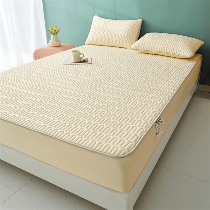 91家纺网 家纺一手货源 找家纺 雯豆2025夏季新品0.4乳胶凉席床笠款三件套凉感丝纯色席梦思床罩 纯色乳胶床笠-香草黄