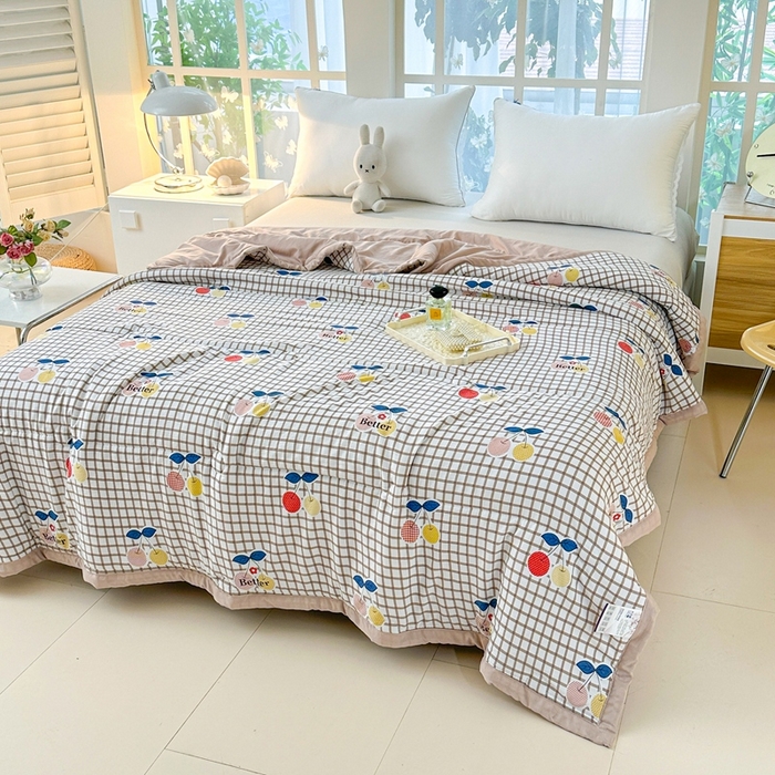 91家纺网 家纺一手货源 找家纺 好欣怡家纺 2026新款水洗棉夏被空调被被子被芯印花小清新夏凉被直播热款 水洗棉包边款-卡其樱桃