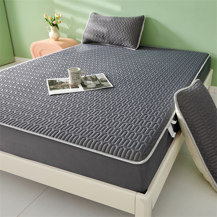 91家纺网 家纺一手货源 找家纺 雯豆2025夏季新品0.4乳胶凉席床笠款三件套凉感丝纯色席梦思床罩 纯色乳胶床笠-轻奢灰