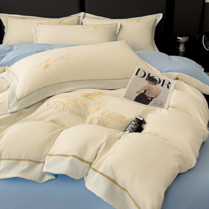 灰鲸 2025新款轻奢轻羽刺绣水洗棉套件系列 轻羽-奶昔白+天空蓝