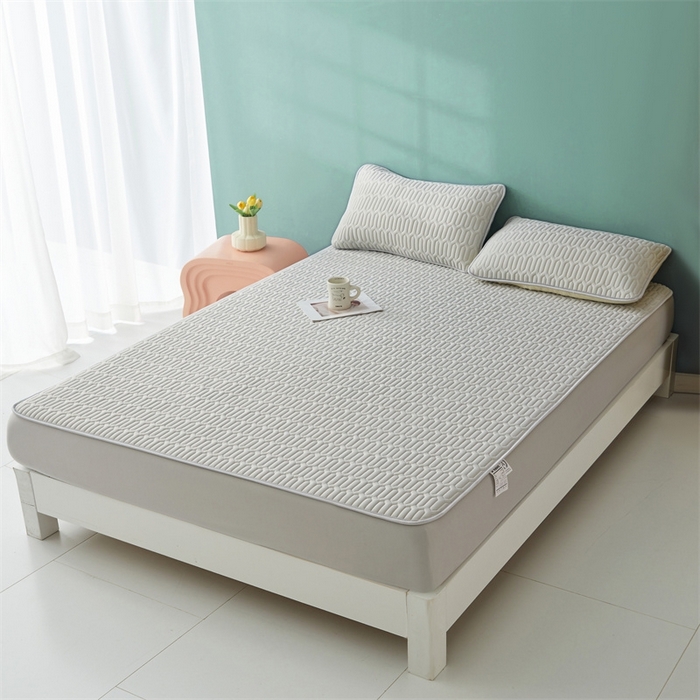 91家纺网 家纺一手货源 找家纺 雯豆2025夏季新品0.4乳胶凉席床笠款三件套凉感丝印花纯色床罩 乳胶床笠-淡雅灰