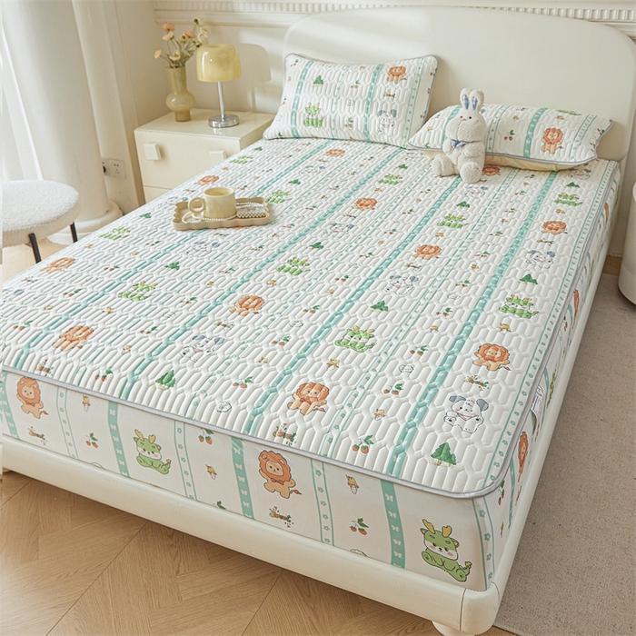 91家纺网 家纺一手货源 找家纺 雯豆2025夏季新品0.4乳胶凉席床笠款三件套凉感丝印花纯色床罩 乳胶床笠-动物聚会