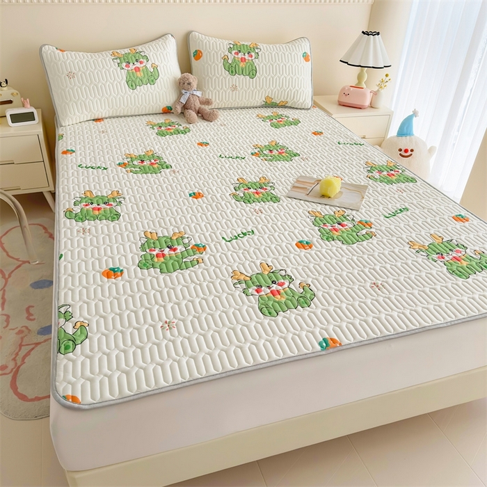 91家纺网 家纺一手货源 找家纺 雯豆2025夏季新品0.4乳胶凉席平铺款三件套凉感丝小清新印花席梦思床罩 乳胶凉席-吉祥龙