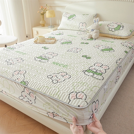 91家纺网 家纺一手货源 找家纺 雯豆2025夏季新品0.4乳胶凉席床笠款三件套凉感丝印花纯色床罩 乳胶床笠-布兰卡