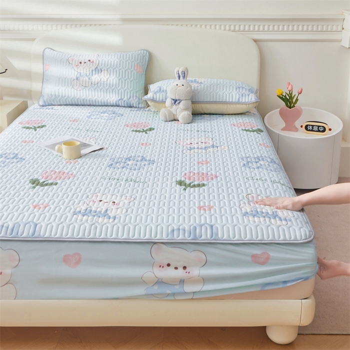 91家纺网 家纺一手货源 找家纺 雯豆2025夏季新品0.4乳胶凉席床笠款三件套凉感丝印花纯色床罩 乳胶床笠-元气满满