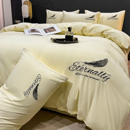 麒东家纺 2025年新款刺绣水洗棉四件套羽毛系列 奶油