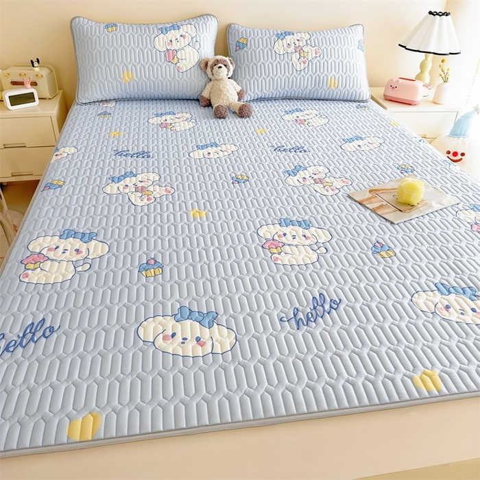 91家纺网 家纺一手货源 找家纺 雯豆2025夏季新品0.4乳胶凉席平铺款三件套凉感丝小清新印花席梦思床罩 乳胶凉席-萌萌狗1