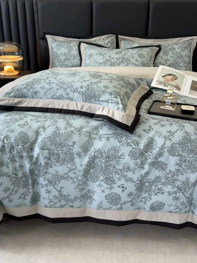 91家纺网 家纺一手货源 找家纺 一左一右2025春夏新款轻奢美式复古花卉数码印花双拼磨毛水洗棉四件套维也纳 维也纳-灰绿