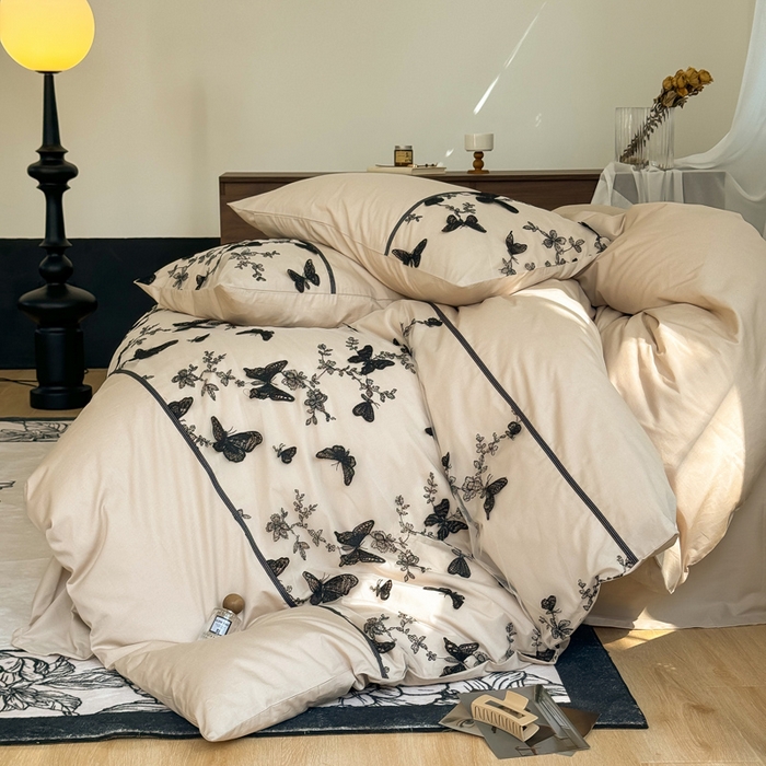 91家纺网 家纺一手货源 找家纺 2025新款水墨黑蝴蝶全棉套件 蝶恋咖