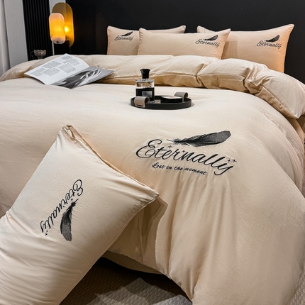 麒东家纺 2025年新款刺绣水洗棉四件套羽毛系列 咖色