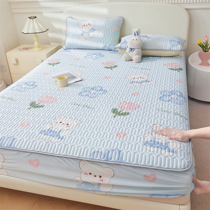 91家纺网 家纺一手货源 找家纺 雯豆2025夏季新品0.4乳胶凉席床笠款三件套凉感丝印花纯色床罩 乳胶床笠-元气满满