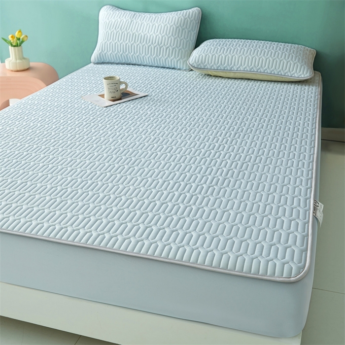 91家纺网 家纺一手货源 找家纺 雯豆2025夏季新品0.4乳胶凉席床笠款三件套凉感丝纯色席梦思床罩 纯色乳胶床笠-风铃蓝