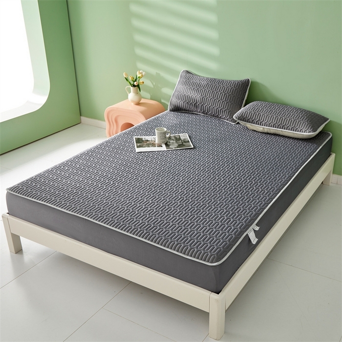 91家纺网 家纺一手货源 找家纺 雯豆2025夏季新品0.4乳胶凉席床笠款三件套凉感丝印花纯色床罩 乳胶床笠-轻奢灰