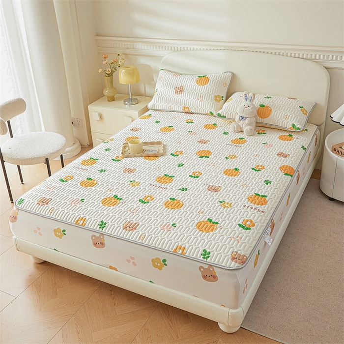 91家纺网 家纺一手货源 找家纺 雯豆2025夏季新品0.4乳胶凉席床笠款三件套凉感丝印花纯色床罩 乳胶床笠-趣多多