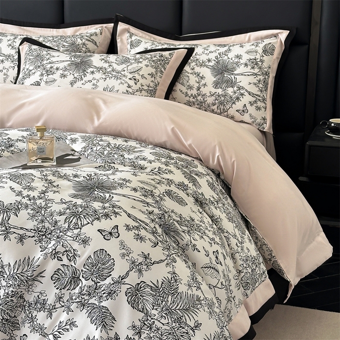 91家纺网 家纺一手货源 找家纺 一左一右2025春夏新款轻奢美式复古花卉数码印花双拼磨毛水洗棉四件套维也纳 维也纳-粉