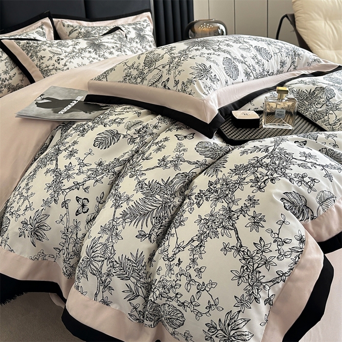 91家纺网 家纺一手货源 找家纺 一左一右2025春夏新款轻奢美式复古花卉数码印花双拼磨毛水洗棉四件套维也纳 维也纳-粉