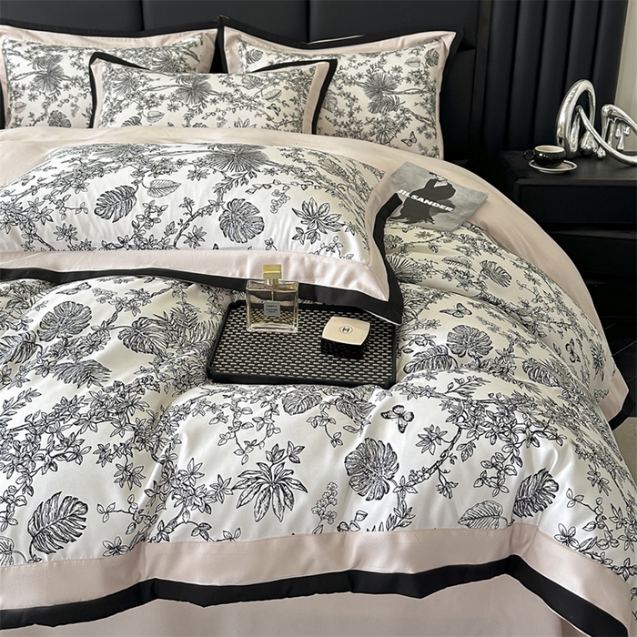 91家纺网 家纺一手货源 找家纺 一左一右2025春夏新款轻奢美式复古花卉数码印花双拼磨毛水洗棉四件套维也纳 维也纳-粉