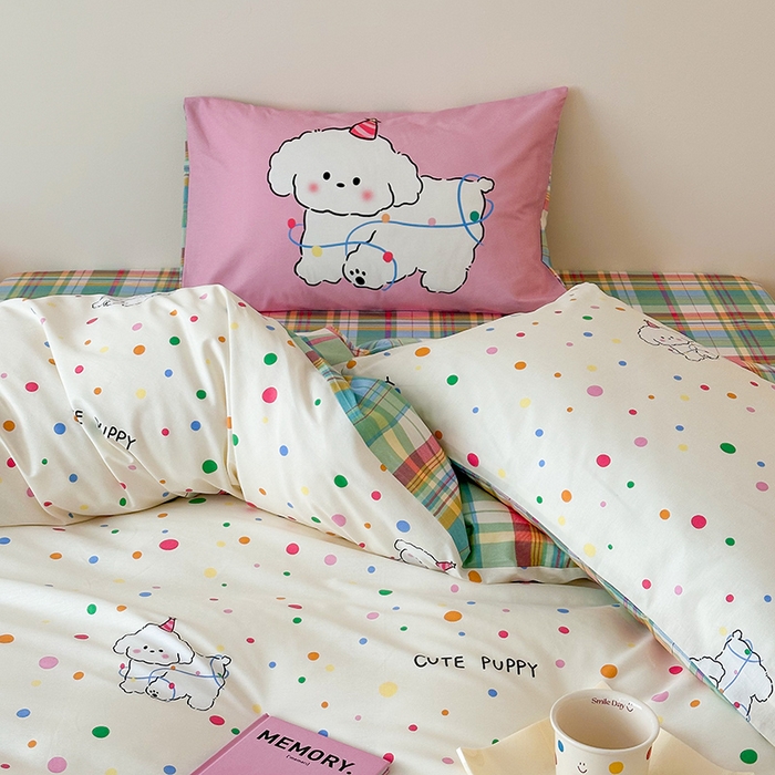 91家纺网 家纺一手货源 找家纺 典曼家纺 2025新款13372印花小清新四件套 波点狗