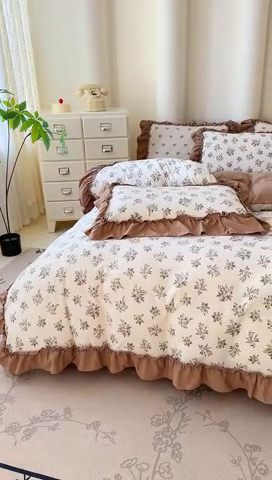 91家纺网 家纺一手货源 找家纺 金米诺 2025新款韩版有氧针织棉双层纱四件套 暖日回忆