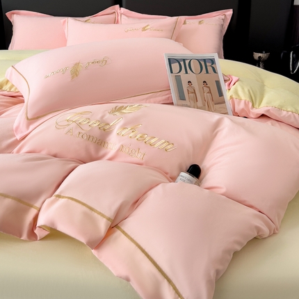 灰鲸 2025新款轻奢轻羽刺绣水洗棉套件系列 轻羽-樱花粉+奶油黄