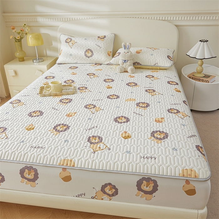 91家纺网 家纺一手货源 找家纺 雯豆2025夏季新品0.4乳胶凉席床笠款三件套凉感丝印花纯色床罩 乳胶床笠小狮子