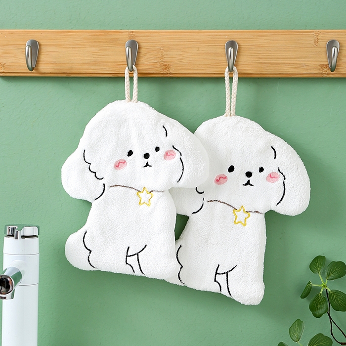 91家纺网 家纺一手货源 找家纺 彩虹毛巾 2025新款卡通小狗擦手巾厨房卫生间擦手帕 跳舞小狗