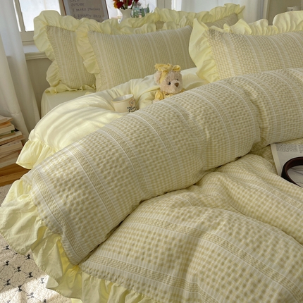 十里居 2025新款泡泡纱提花韩版公主格水洗棉花边款四件套 柚子黄