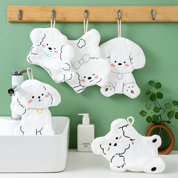 91家纺网 家纺一手货源 找家纺 彩虹毛巾 2025新款卡通小狗擦手巾厨房卫生间擦手帕 乖乖狗