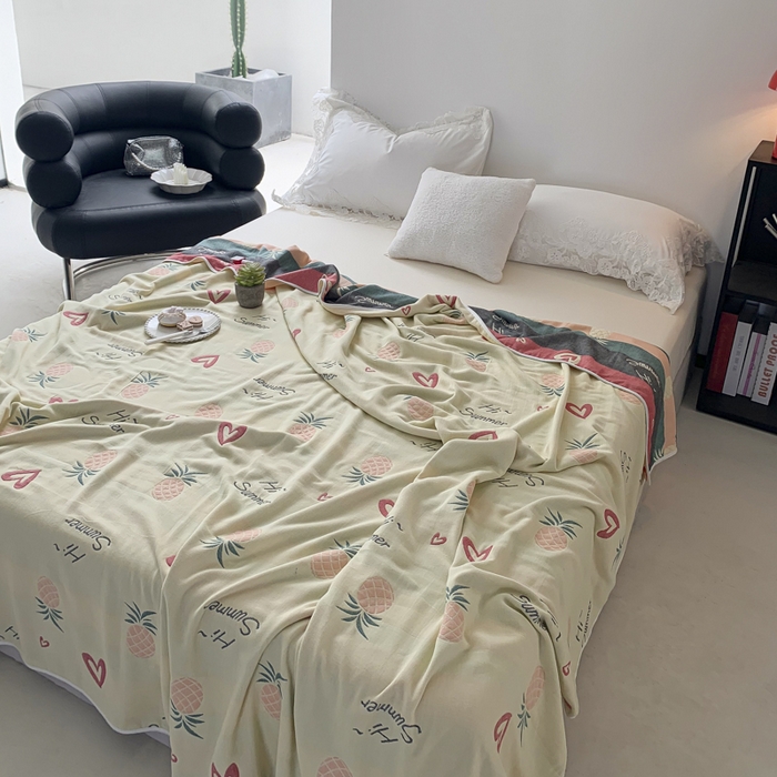 91家纺网 家纺一手货源 找家纺 爱港家纺 2025新款全棉A类六层纱布毛巾被 夏被 爱心菠萝