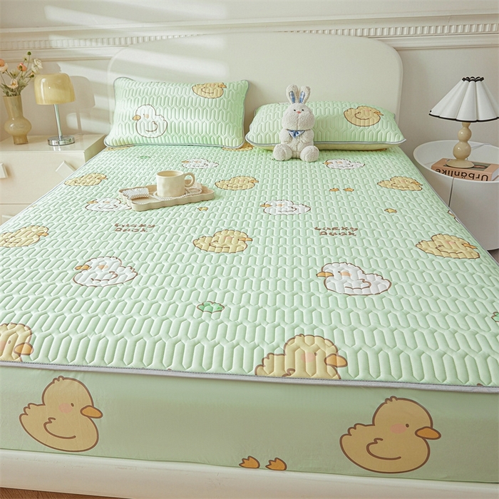 91家纺网 家纺一手货源 找家纺 雯豆2025夏季新品0.4乳胶凉席床笠款三件套凉感丝印花纯色床罩 乳胶床笠-小鸭子