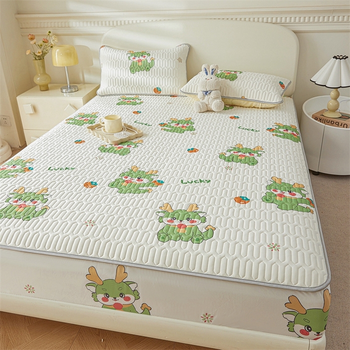 91家纺网 家纺一手货源 找家纺 雯豆2025夏季新品0.4乳胶凉席床笠款三件套凉感丝印花纯色床罩 乳胶床笠-吉祥龙