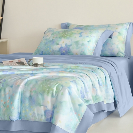 91家纺网 家纺一手货源 找家纺 （总）梦幻之城 2025新款水洗真丝数码印花拼角款夏被四件套