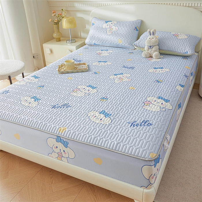 91家纺网 家纺一手货源 找家纺 雯豆2025夏季新品0.4乳胶凉席床笠款三件套凉感丝印花纯色床罩 乳胶床笠-萌萌狗1