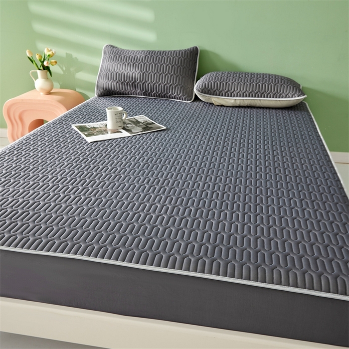 91家纺网 家纺一手货源 找家纺 雯豆2025夏季新品0.4乳胶凉席床笠款三件套凉感丝印花纯色床罩 乳胶床笠-轻奢灰