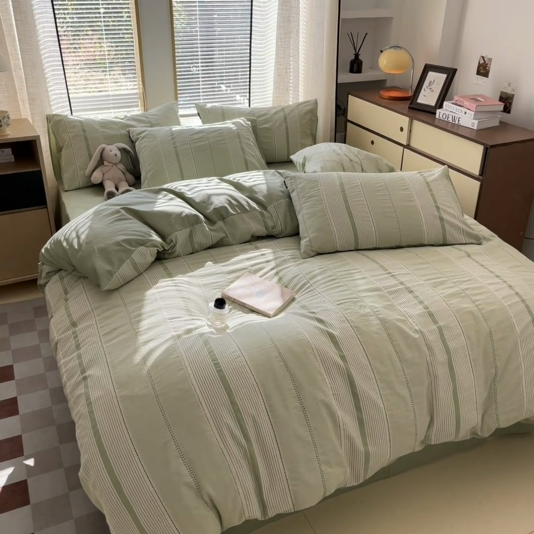 91家纺网 家纺一手货源 找家纺 宜代光年 2025新款全棉纯棉色织提花瑞拉系列四件套 瑞拉-绿