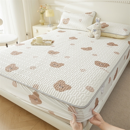 雯豆2025夏季新品0.4乳胶凉席床笠款三件套凉感丝印花纯色床罩 乳胶床笠-小熊仔1