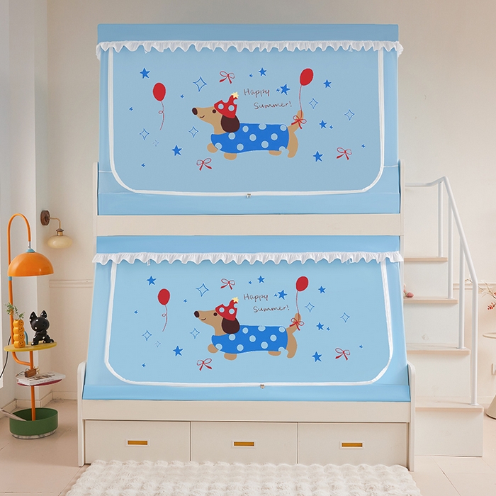 91家纺网 家纺一手货源 找家纺 安金蚊帐 2025新款子母床印花蚊帐防尘顶 铁艺宽高伸缩支架 腊肠狗