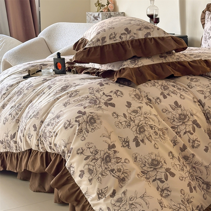 91家纺网 家纺一手货源 找家纺 （总）一左一右2025春夏新款数码印花法式复古花边磨毛水洗棉四件套