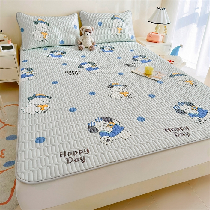 91家纺网 家纺一手货源 找家纺 雯豆2025夏季新品0.4乳胶凉席平铺款三件套凉感丝小清新印花席梦思床罩 乳胶凉席-小狗蒙迪1