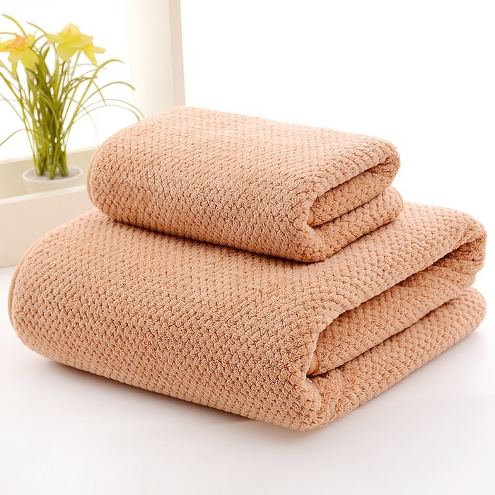 91家纺网 家纺一手货源 找家纺 彩虹新款加厚加大珊瑚绒菠萝格方巾毛巾浴巾套装外贸跨境大浴巾吸水加厚大毛巾浴巾两件套 菠萝格棕色毛巾浴巾组合