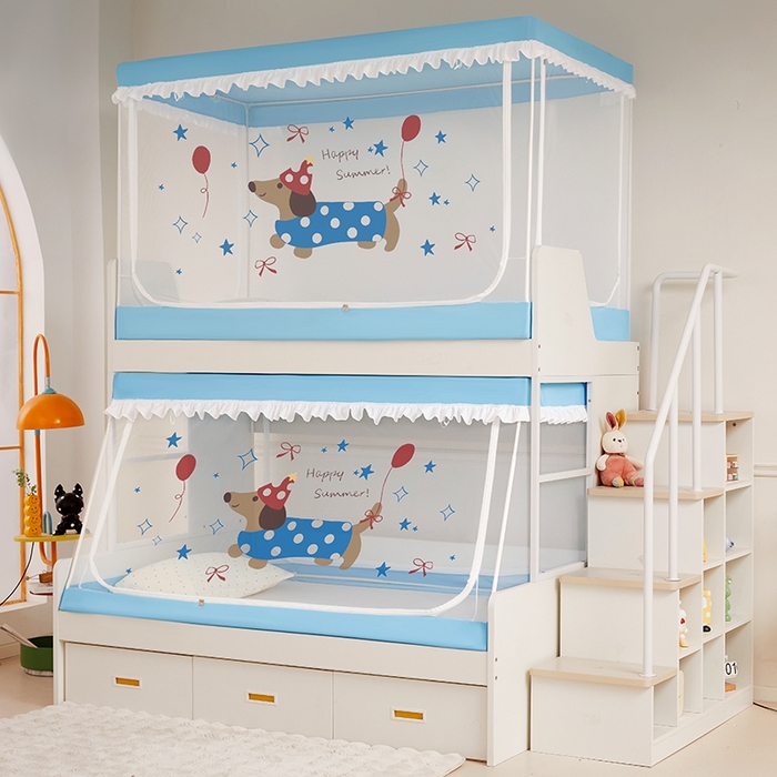 91家纺网 家纺一手货源 找家纺 安金蚊帐 2025新款子母床印花蚊帐防尘顶 铁艺宽高伸缩支架 腊肠狗