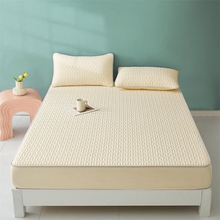 91家纺网 家纺一手货源 找家纺 雯豆2025夏季新品0.4乳胶凉席床笠款三件套凉感丝印花纯色床罩 乳胶床笠-香草黄