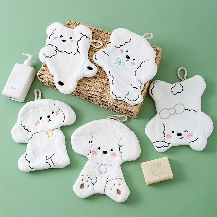 91家纺网 家纺一手货源 找家纺 彩虹毛巾 2025新款卡通小狗擦手巾厨房卫生间擦手帕 跳舞小狗