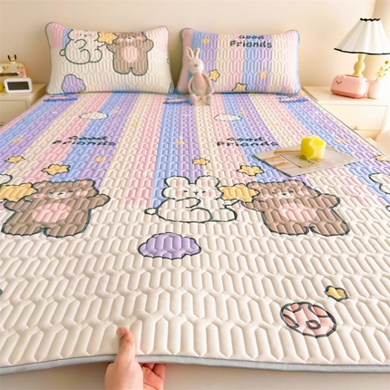 雯豆2025夏季新品0.4乳胶凉席平铺款三件套凉感丝小清新印花席梦思床罩 乳胶凉席-流星飞碟