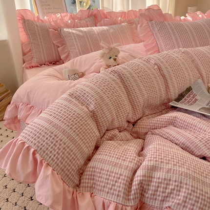 91家纺网 家纺一手货源 找家纺 （总）十里居 2025新款泡泡纱提花韩版水洗棉公主格花边款四件套